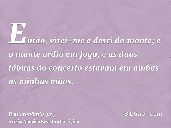 Então, virei-me e desci do monte; e o monte ardia em fogo, e as duas tábuas do concerto estavam em ambas as minhas mãos.