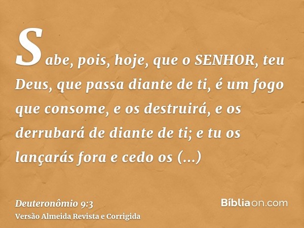 Sabe, pois, hoje, que o SENHOR, teu Deus, que passa diante de ti, é um fogo que consome, e os destruirá, e os derrubará de diante de ti; e tu os lançarás fora e
