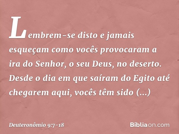 "Lembrem-se disto e jamais esqueçam como vocês provocaram a ira do Senhor, o seu Deus, no deserto. Desde o dia em que saíram do Egito até chegarem aqui, vocês t