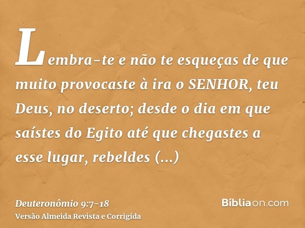 Lembra-te e não te esqueças de que muito provocaste à ira o SENHOR, teu Deus, no deserto; desde o dia em que saístes do Egito até que chegastes a esse lugar, re