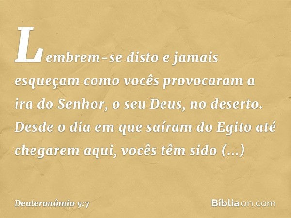 "Lembrem-se disto e jamais esqueçam como vocês provocaram a ira do Senhor, o seu Deus, no deserto. Desde o dia em que saíram do Egito até chegarem aqui, vocês t