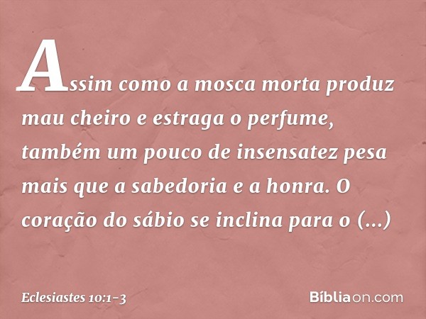 Assim como a mosca morta
produz mau cheiro
e estraga o perfume,
também um pouco de insensatez
pesa mais que a sabedoria e a honra. O coração do sábio
se inclina