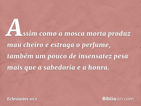 Assim como a mosca morta
produz mau cheiro
e estraga o perfume,
também um pouco de insensatez
pesa mais que a sabedoria e a honra. -- Eclesiastes 10:1