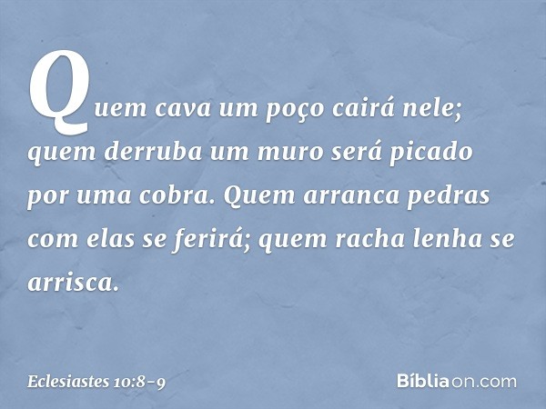 Quem cava um poço cairá nele;
quem derruba um muro
será picado por uma cobra. Quem arranca pedras
com elas se ferirá;
quem racha lenha se arrisca. -- Eclesiaste