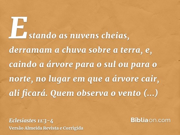 Estando as nuvens cheias, derramam a chuva sobre a terra, e, caindo a árvore para o sul ou para o norte, no lugar em que a árvore cair, ali ficará.Quem observa