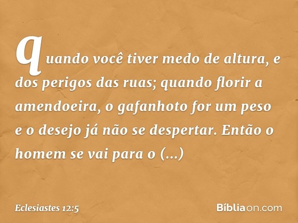 quando você tiver medo de altura,
e dos perigos das ruas;
quando florir a amendoeira,
o gafanhoto for um peso
e o desejo já não se despertar.
Então o homem se v