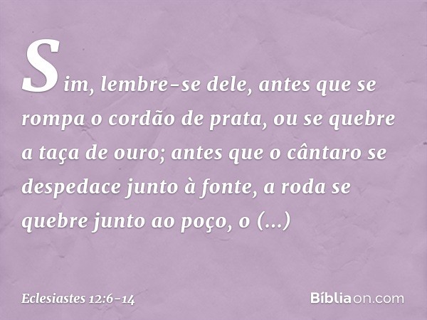 Sim, lembre-se dele,
antes que se rompa o cordão de prata,
ou se quebre a taça de ouro;
antes que o cântaro se despedace
junto à fonte,
a roda se quebre junto a