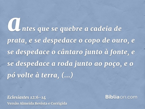 antes que se quebre a cadeia de prata, e se despedace o copo de ouro, e se despedace o cântaro junto à fonte, e se despedace a roda junto ao poço,e o pó volte à