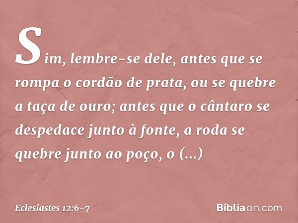 Sim, lembre-se dele,
antes que se rompa o cordão de prata,
ou se quebre a taça de ouro;
antes que o cântaro se despedace
junto à fonte,
a roda se quebre junto a