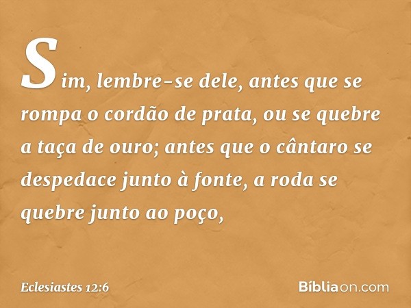 Sim, lembre-se dele,
antes que se rompa o cordão de prata,
ou se quebre a taça de ouro;
antes que o cântaro se despedace
junto à fonte,
a roda se quebre junto a