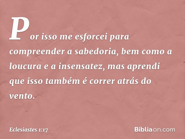 Por isso me esforcei para compreender a sabedoria, bem como a loucura e a insensatez, mas aprendi que isso também é correr atrás do vento. -- Eclesiastes 1:17