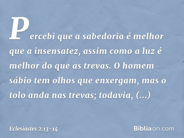 Percebi que a sabedoria
é melhor que a insensatez,
assim como a luz é melhor
do que as trevas. O homem sábio
tem olhos que enxergam,
mas o tolo anda nas trevas;