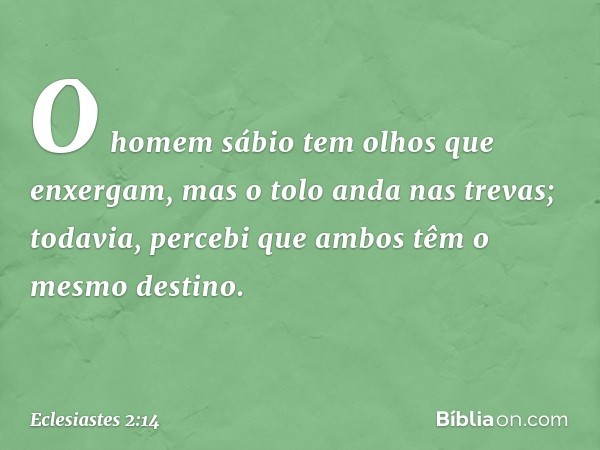 O homem sábio
tem olhos que enxergam,
mas o tolo anda nas trevas;
todavia, percebi
que ambos têm o mesmo destino. -- Eclesiastes 2:14