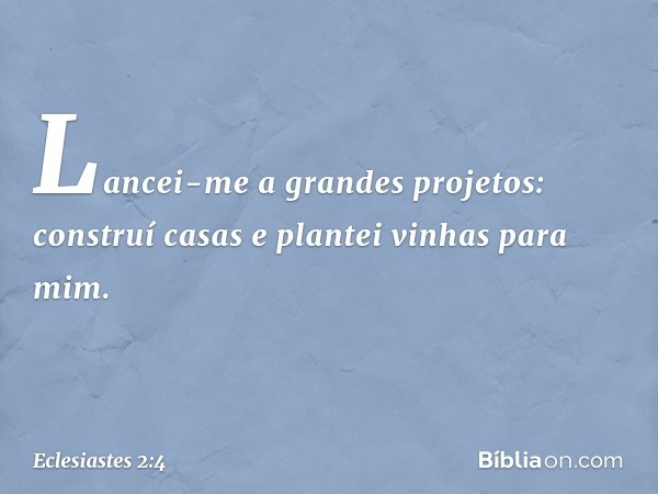 Lancei-me a grandes projetos: construí casas e plantei vinhas para mim. -- Eclesiastes 2:4