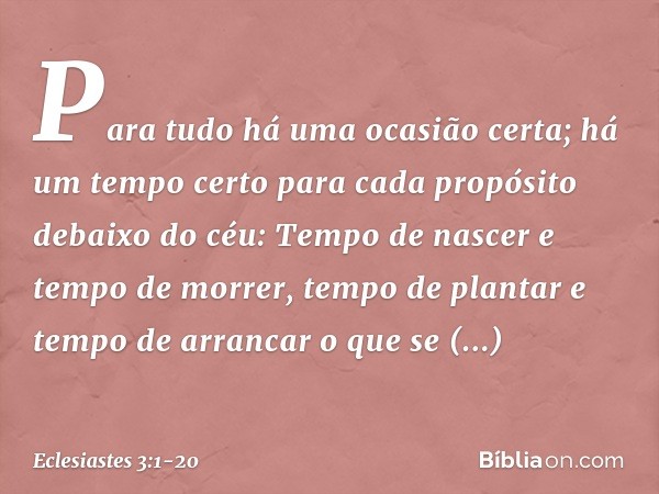 Para tudo há uma ocasião certa;
há um tempo certo para cada propósito
debaixo do céu: Tempo de nascer e tempo de morrer,
tempo de plantar
e tempo de arrancar o 