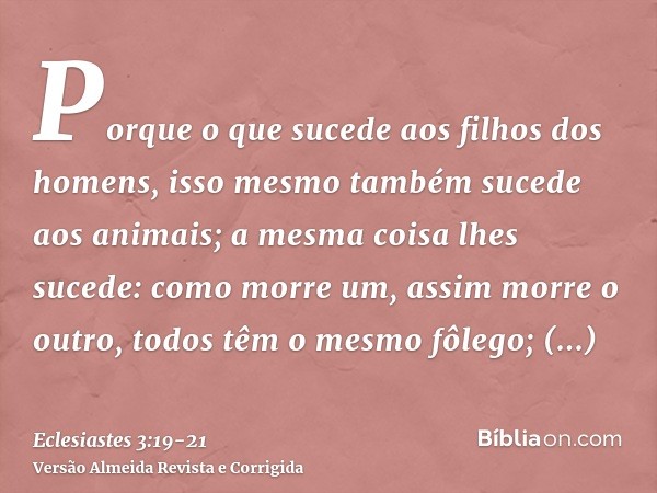 Porque o que sucede aos filhos dos homens, isso mesmo também sucede aos animais; a mesma coisa lhes sucede: como morre um, assim morre o outro, todos têm o mesm