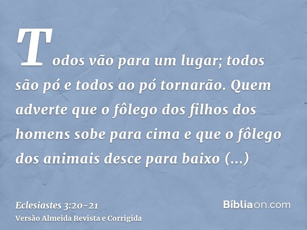 Todos vão para um lugar; todos são pó e todos ao pó tornarão.Quem adverte que o fôlego dos filhos dos homens sobe para cima e que o fôlego dos animais desce par