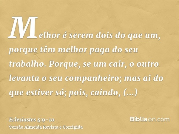 Melhor é serem dois do que um, porque têm melhor paga do seu trabalho.Porque, se um cair, o outro levanta o seu companheiro; mas ai do que estiver só; pois, cai