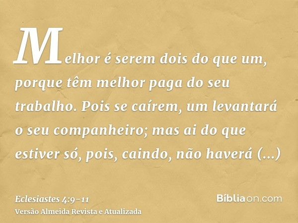 Melhor é serem dois do que um, porque têm melhor paga do seu trabalho.Pois se caírem, um levantará o seu companheiro; mas ai do que estiver só, pois, caindo, nã