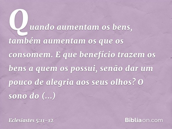 Quando aumentam os bens,
também aumentam
os que os consomem.
E que benefício trazem os bens
a quem os possui,
senão dar um pouco de alegria
aos seus olhos? O so