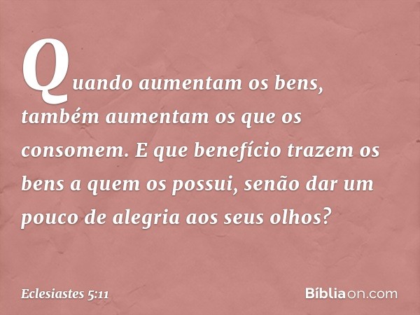 Quando aumentam os bens,
também aumentam
os que os consomem.
E que benefício trazem os bens
a quem os possui,
senão dar um pouco de alegria
aos seus olhos? -- E