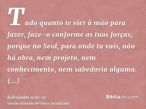 Tudo quanto te vier à mão para fazer, faze-o conforme as tuas forças; porque no Seol, para onde tu vais, não há obra, nem projeto, nem conhecimento, nem sabedor