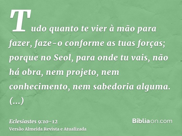 Tudo quanto te vier à mão para fazer, faze-o conforme as tuas forças; porque no Seol, para onde tu vais, não há obra, nem projeto, nem conhecimento, nem sabedor