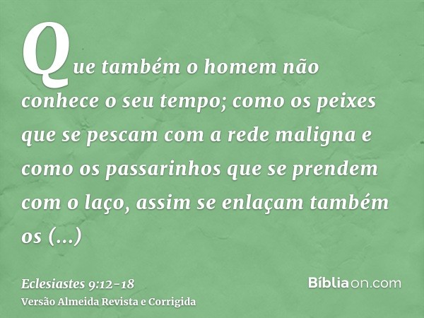 Que também o homem não conhece o seu tempo; como os peixes que se pescam com a rede maligna e como os passarinhos que se prendem com o laço, assim se enlaçam ta