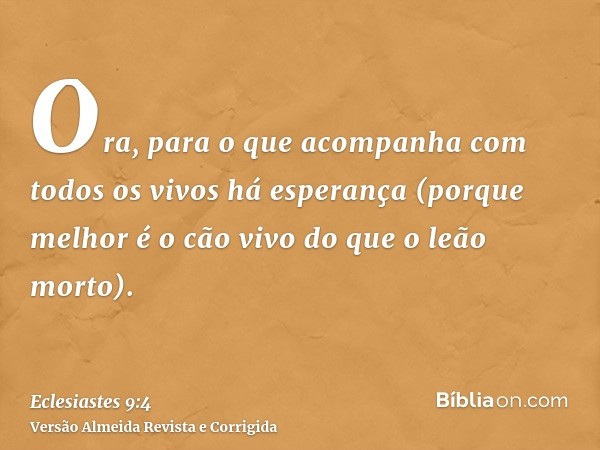 Ora, para o que acompanha com todos os vivos há esperança (porque melhor é o cão vivo do que o leão morto).