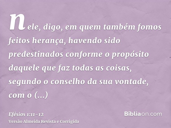 nele, digo, em quem também fomos feitos herança, havendo sido predestinados conforme o propósito daquele que faz todas as coisas, segundo o conselho da sua vont