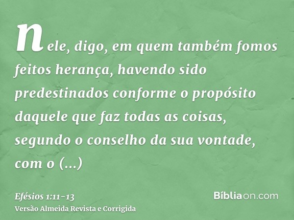 nele, digo, em quem também fomos feitos herança, havendo sido predestinados conforme o propósito daquele que faz todas as coisas, segundo o conselho da sua vont