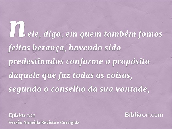 nele, digo, em quem também fomos feitos herança, havendo sido predestinados conforme o propósito daquele que faz todas as coisas, segundo o conselho da sua vont