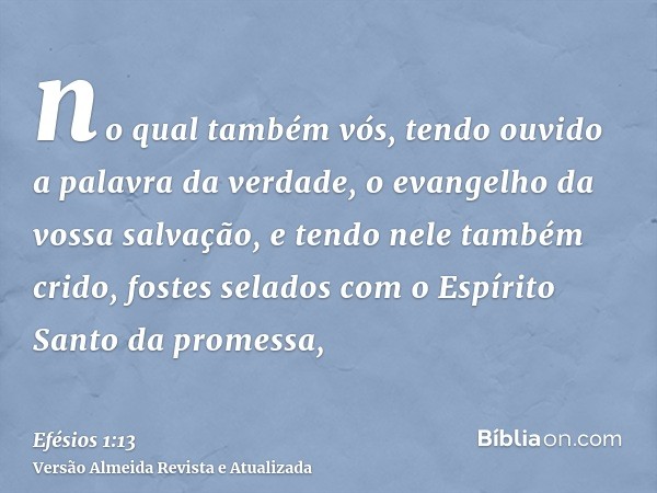 no qual também vós, tendo ouvido a palavra da verdade, o evangelho da vossa salvação, e tendo nele também crido, fostes selados com o Espírito Santo da promessa