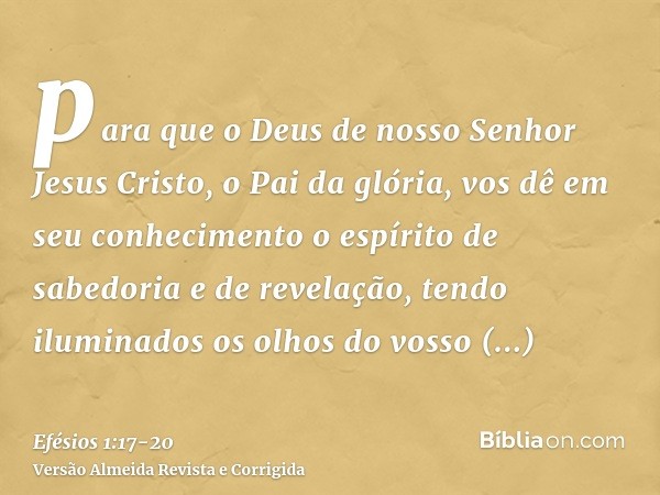 para que o Deus de nosso Senhor Jesus Cristo, o Pai da glória, vos dê em seu conhecimento o espírito de sabedoria e de revelação,tendo iluminados os olhos do vo