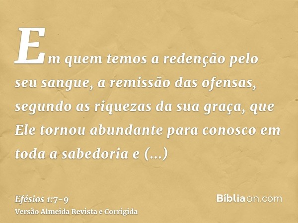 Em quem temos a redenção pelo seu sangue, a remissão das ofensas, segundo as riquezas da sua graça,que Ele tornou abundante para conosco em toda a sabedoria e p