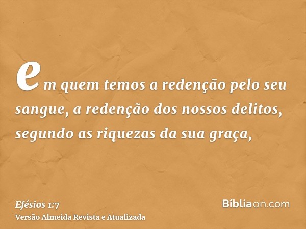 em quem temos a redenção pelo seu sangue, a redenção dos nossos delitos, segundo as riquezas da sua graça,