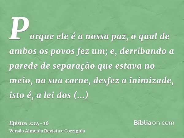 Porque ele é a nossa paz, o qual de ambos os povos fez um; e, derribando a parede de separação que estava no meio,na sua carne, desfez a inimizade, isto é, a le