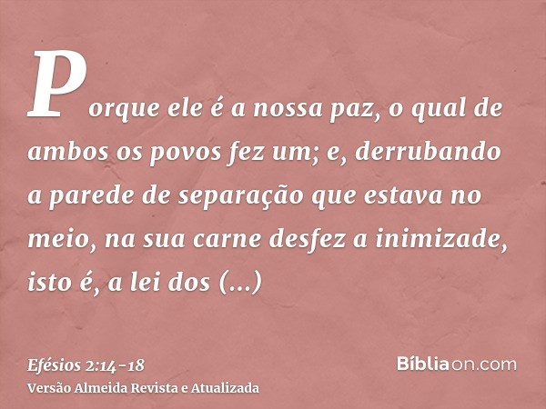 Porque ele é a nossa paz, o qual de ambos os povos fez um; e, derrubando a parede de separação que estava no meio, na sua carne desfez a inimizade,isto é, a lei