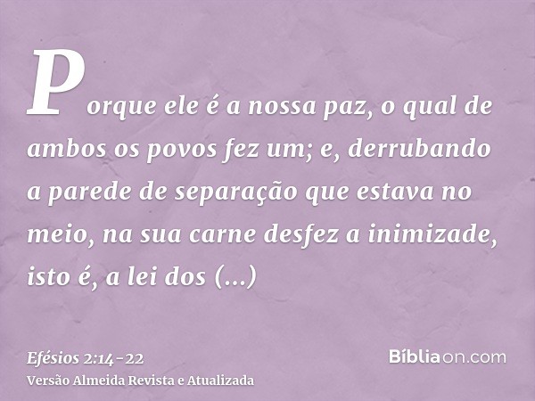 Porque ele é a nossa paz, o qual de ambos os povos fez um; e, derrubando a parede de separação que estava no meio, na sua carne desfez a inimizade,isto é, a lei