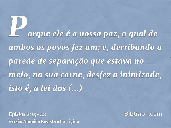 Porque ele é a nossa paz, o qual de ambos os povos fez um; e, derribando a parede de separação que estava no meio,na sua carne, desfez a inimizade, isto é, a le