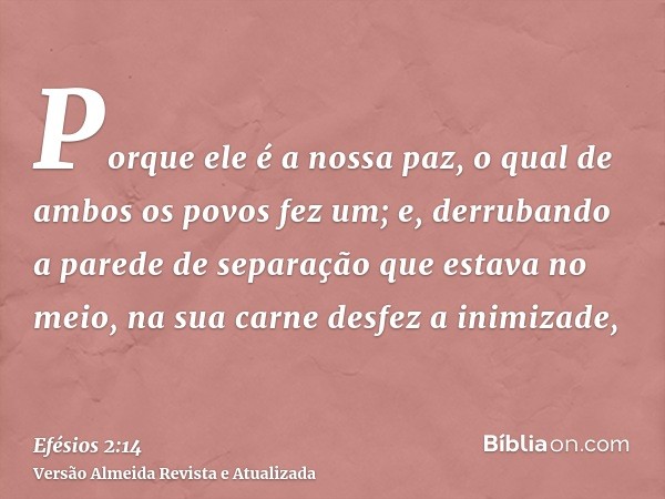 Porque ele é a nossa paz, o qual de ambos os povos fez um; e, derrubando a parede de separação que estava no meio, na sua carne desfez a inimizade,