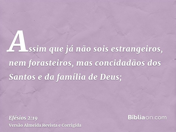 Assim que já não sois estrangeiros, nem forasteiros, mas concidadãos dos Santos e da família de Deus;