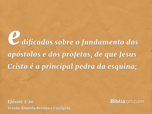 edificados sobre o fundamento dos apóstolos e dos profetas, de que Jesus Cristo é a principal pedra da esquina;