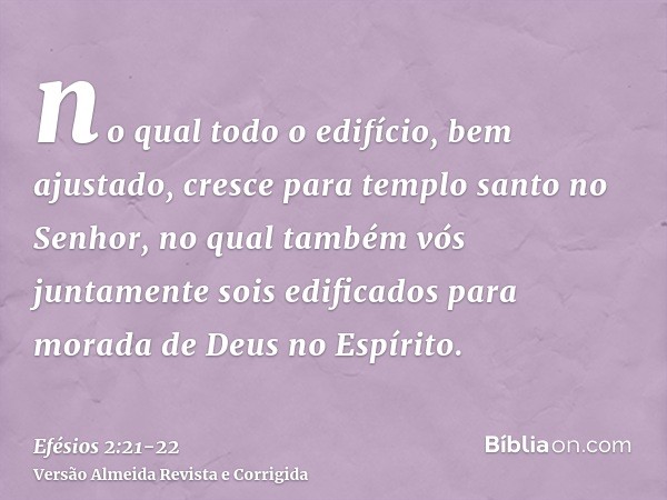 no qual todo o edifício, bem ajustado, cresce para templo santo no Senhor,no qual também vós juntamente sois edificados para morada de Deus no Espírito.