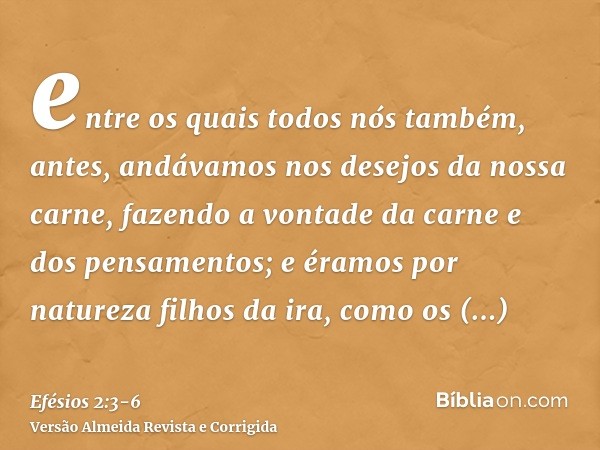 entre os quais todos nós também, antes, andávamos nos desejos da nossa carne, fazendo a vontade da carne e dos pensamentos; e éramos por natureza filhos da ira,