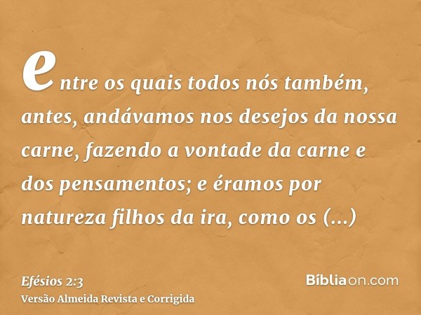 entre os quais todos nós também, antes, andávamos nos desejos da nossa carne, fazendo a vontade da carne e dos pensamentos; e éramos por natureza filhos da ira,