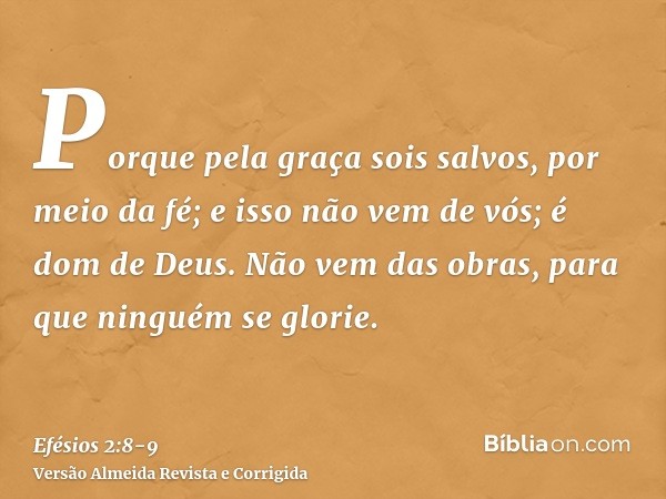 Porque pela graça sois salvos, por meio da fé; e isso não vem de vós; é dom de Deus.Não vem das obras, para que ninguém se glorie.