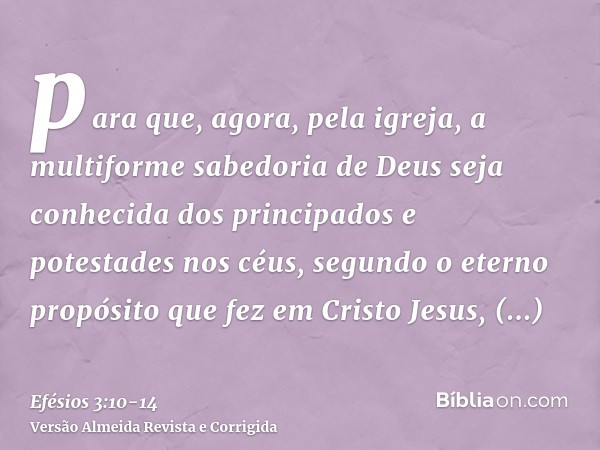 para que, agora, pela igreja, a multiforme sabedoria de Deus seja conhecida dos principados e potestades nos céus,segundo o eterno propósito que fez em Cristo J