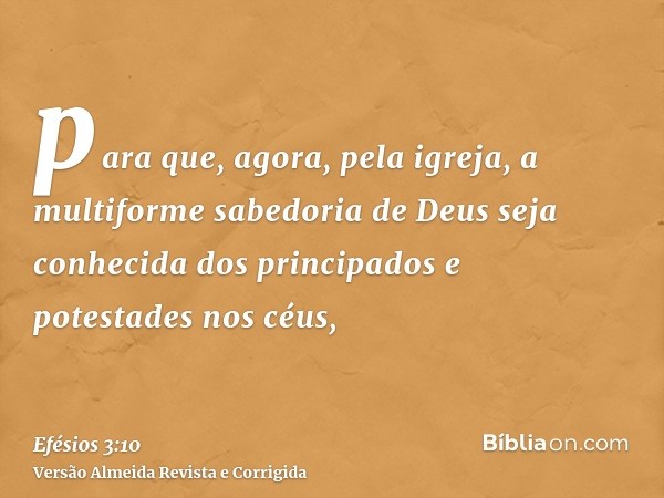 para que, agora, pela igreja, a multiforme sabedoria de Deus seja conhecida dos principados e potestades nos céus,