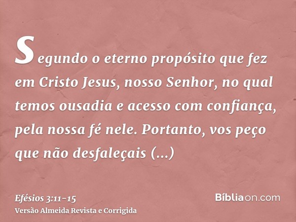 segundo o eterno propósito que fez em Cristo Jesus, nosso Senhor,no qual temos ousadia e acesso com confiança, pela nossa fé nele.Portanto, vos peço que não des